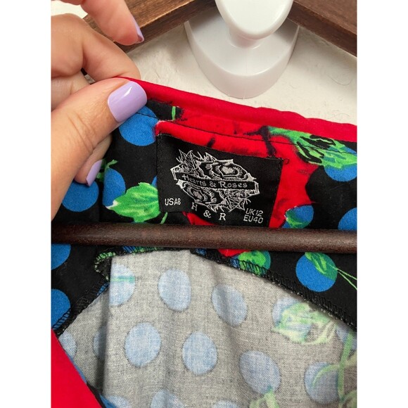 Hearts & Roses Rockabilly Dress Size 8 Blue Polka Dot Rose Print Retro Pinup - Picture 5 of 8